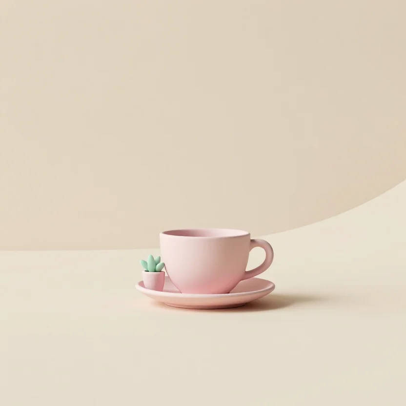 3D render — a rounded ceramic coffee cup on its saucer with a small potted plant beside it, standing on a floor that curves up into the wall behind, every edge rounded and every surface without a seam, shaded as matte clay with no reflection at all, soft daylight from above and a little camera-left, the balance held high and bright so the only dark is the shadow pooled under the subject