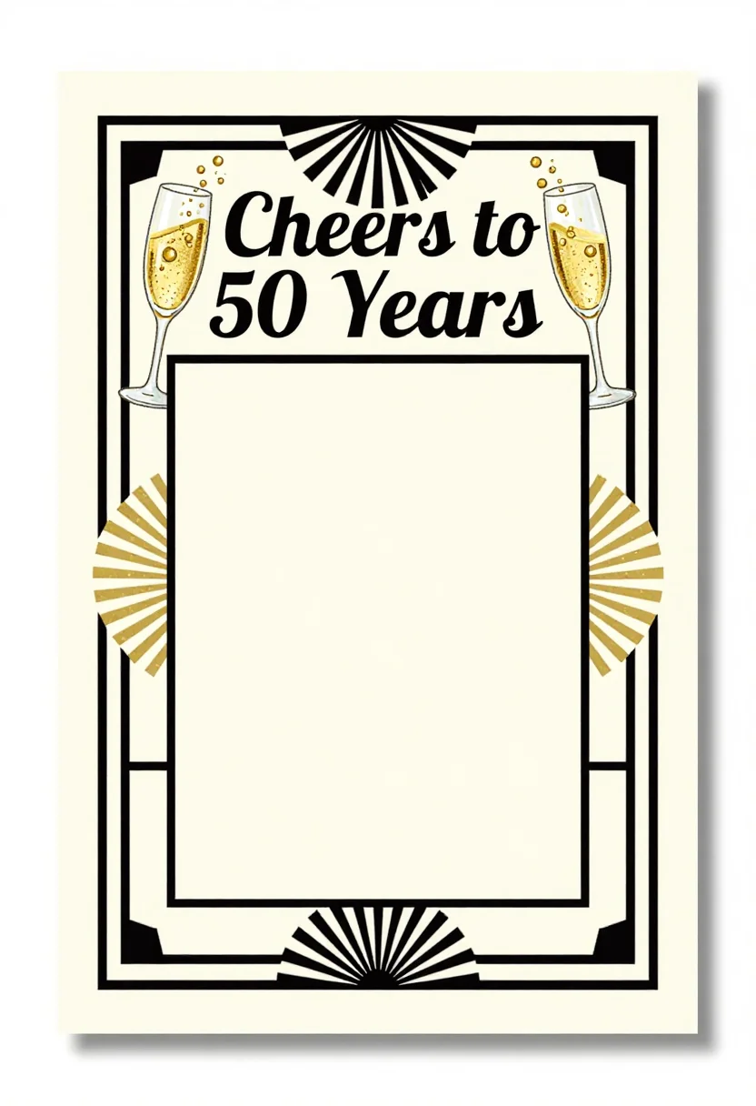 50th birthday invitations — a vertical invitation card titled "Cheers to 50 Years" with two champagne glasses and gold bubbles, and a blank panel for the name and the details, art deco geometry with fan shapes, stepped borders and bold geometric capitals