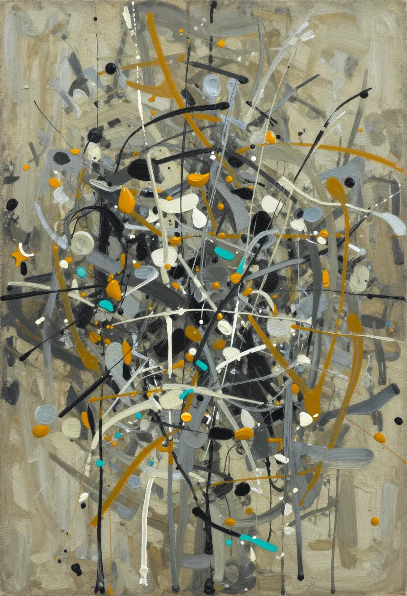 Abstract art — an all-over field of dripped and flung paint, black and white skeins over ochre, silver and a little turquoise, no centre and no edge, heavy oil on canvas, impasto ridges standing off the surface, the weave showing through the thin passages