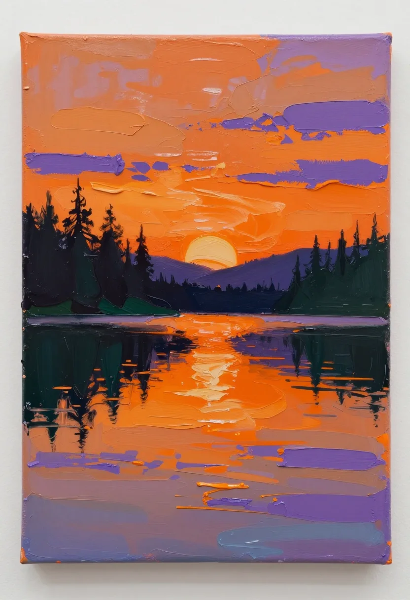 Acrylic — A mountain lake at sunset built entirely with a palette knife — thick ridged slabs of orange and violet sky, a jagged dark treeline scraped in, the water in horizontal drags of reflected colour, the paint standing up from the canvas., thick impasto acrylic, palette-knife ridges, opaque colour, satin sheen, canvas edge