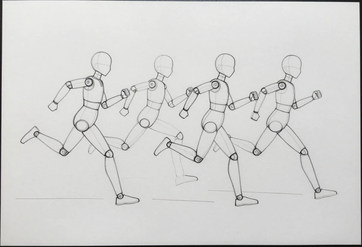 Action pose references — a sheet of four figures sprinting, one leg fully extended behind, the torso leaning forward, the arms pumping, seen from side and three-quarter view, a construction mannequin drawing, bodies built from ovals, cylinders and joint circles, the line of action drawn as one curve through each figure, thin even lines