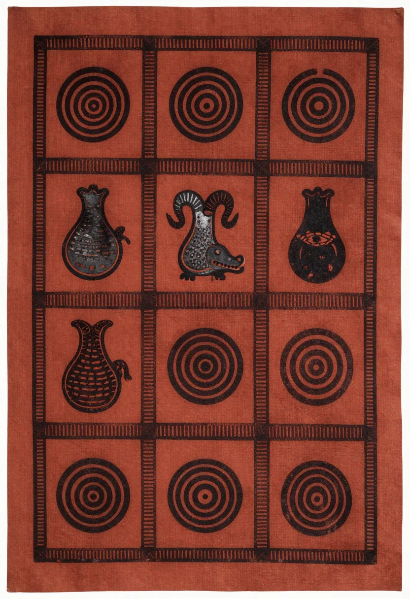 Adinkra — A cloth field divided into rectangular panels by broad combed lines, each panel filled with one repeated symbol pressed by hand, concentric rings, a ram's horn spiral, a two-headed crocodile, the ink uneven from press to press., hand-stamped adinkra: calabash stamps in bark-and-iron ink, comb-drawn dividing lines, impressions uneven