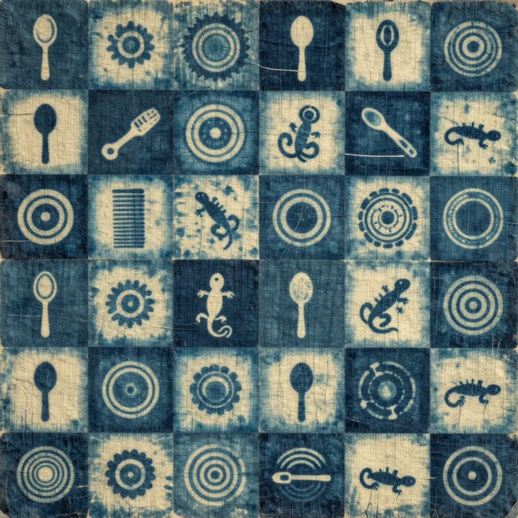 Adire — A grid of squares each holding a different small motif — a spoon, a comb, a lizard, a set of concentric rings — painted in cassava starch and left pale after the dip, the starch crazing so blue seeps into every crack., cassava-starch stencil resist on cotton, dipped many times in a fermented indigo vat, the resist lines crazed