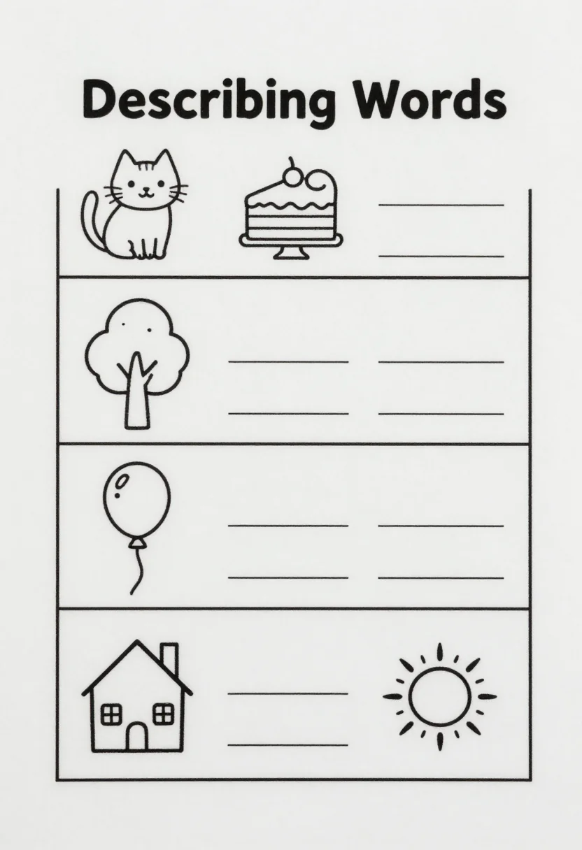 Adjective worksheets — a worksheet headed "Describing Words" with six simple pictures of a cat, a cake, a tree, a balloon, a house and a sun, each with two empty lines beside it, a clean school photocopy sheet, crisp black lines, a simple bold sans-serif heading, tidy even rows and nothing decorative