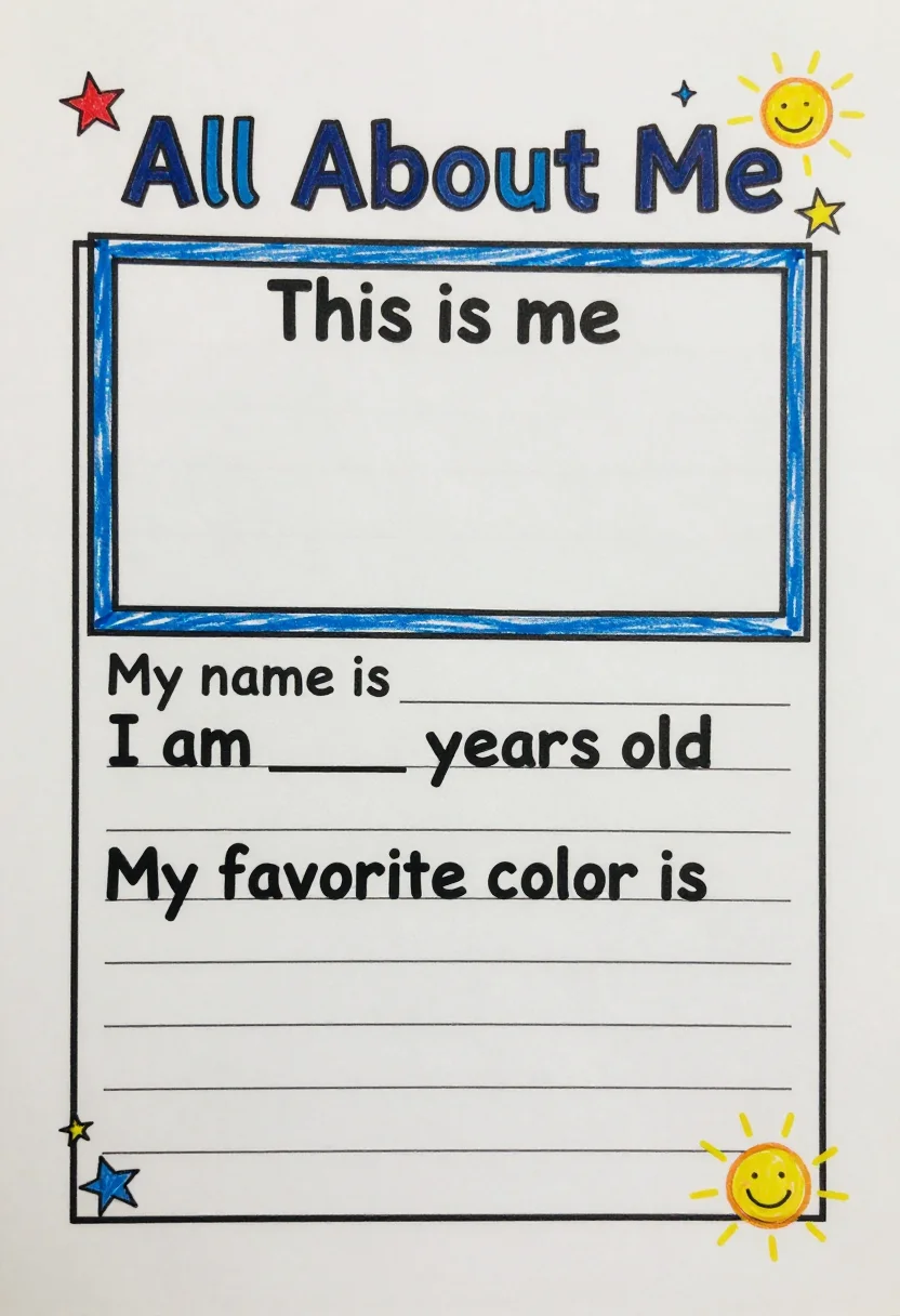 All about me worksheets — a worksheet headed "All About Me" with a large empty framed box labelled "This is me", and ruled blank lines beneath labelled "My name is", "I am ___ years old", "My favorite color is", classroom worksheet drawn in crayon, wobbly rounded lettering, scribbled stars and a smiling sun