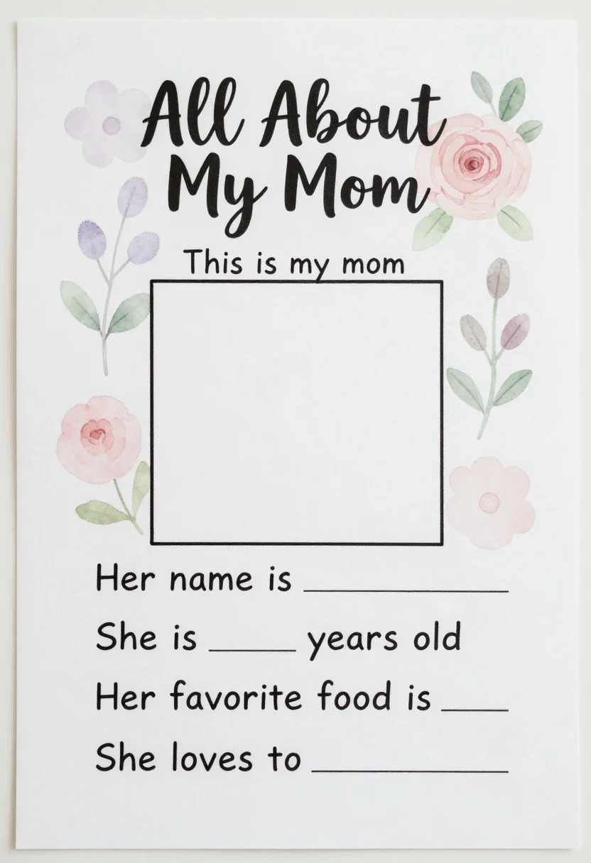 All about my mom — a page headed "All About My Mom" with an empty square frame labeled "This is my mom" and prompts with blank lines: "Her name is", "She is ___ years old", "Her favorite food is", "She loves to", soft watercolor illustration, loose edges, hand-lettered text