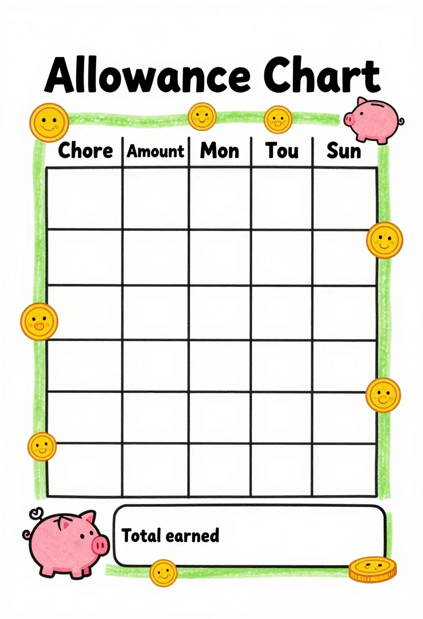 Allowance charts — a weekly table headed "Allowance Chart" with columns "Chore", "Amount" and "Mon" to "Sun", six empty rows, an empty "Total earned" box at the foot and no currency symbol anywhere, cheerful hand-drawn children's illustration with chunky crayon outlines, rounded shapes and friendly coins and piggy banks