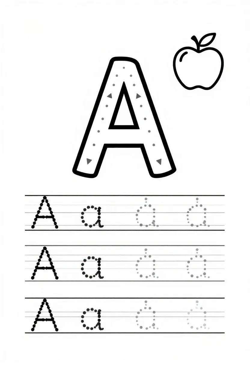Alphabet tracing — a letter tracing page for the letter "A" with a large outlined capital and small letter showing numbered stroke arrows, two rows of dotted "A a" on handwriting lines, and a simple apple drawing in the corner, crisp black printer-ink worksheet, evenly spaced round dotted guide letters with small start dots, bold clean outlined drawings, uniform line weight, no gray tones
