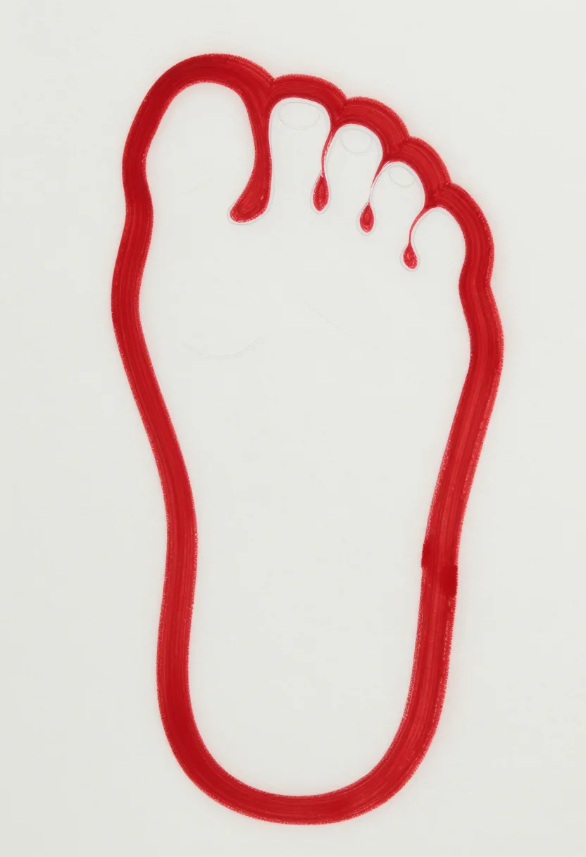 Alta designs — a solid red border painted around the edge of the foot and the tips of the toes, broad solid strokes of red alta dye laid with a cotton-wrapped stick, the edges smooth and rounded