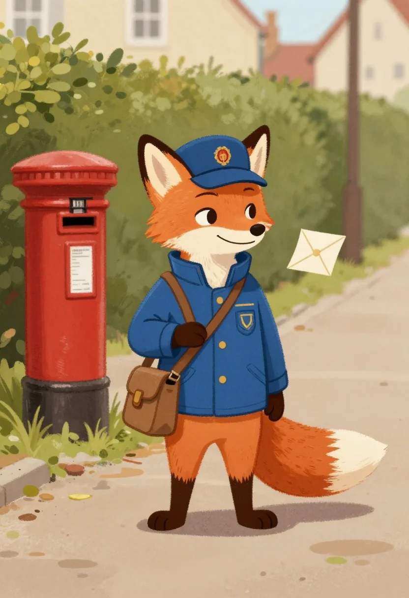 Animal characters — A fox standing upright in a blue postman's jacket and cap with a satchel of letters, one letter held out, a village lane with a red post box and a hedge behind, a friendly expression, drawn as a full-body character., soft storybook illustration, gouache texture, warm palette, gentle outlines