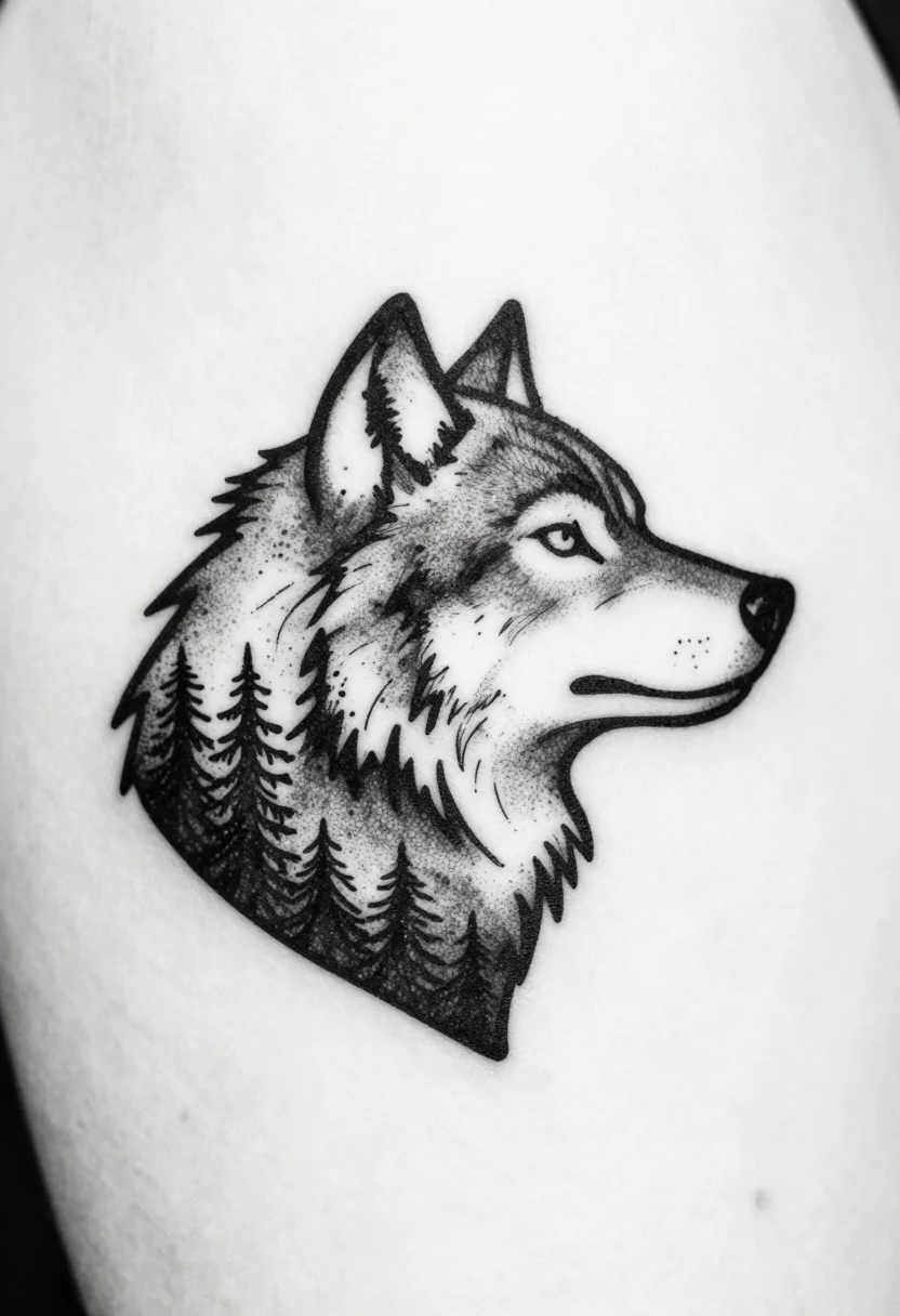 Animal tattoos — a wolf head in profile with a pine forest and a crescent moon held inside its silhouette, a dotwork tattoo drawing, a thin even outline with every shadow built from stippled dots gathering into soft gradients