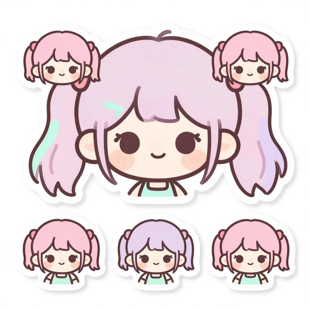 Anime stickers — a chibi girl with big eyes and twin tails waving, kawaii sticker illustration, rounded shapes, tiny smiling faces, soft thick outlines