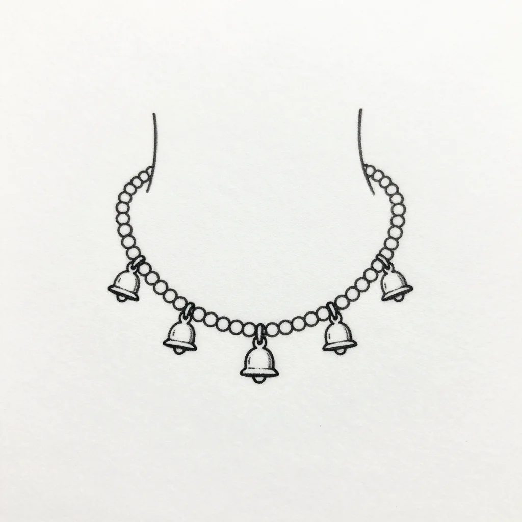 Ankle tattoos — a payal-style anklet drawn as a curved chain of small beads with tiny ghungroo bells hanging from it, single-needle fine line work of one even thin weight, the shapes left open and no shading at all