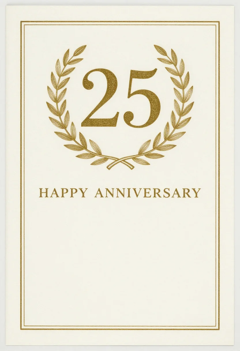 Anniversary cards — a single large numeral "25" standing at the middle of the card inside an open laurel wreath, a thin rule beneath it and the greeting set small below, a fine gilt treatment drawn in thin metallic strokes with a slim double rule around the card, the feel of an engraved plate