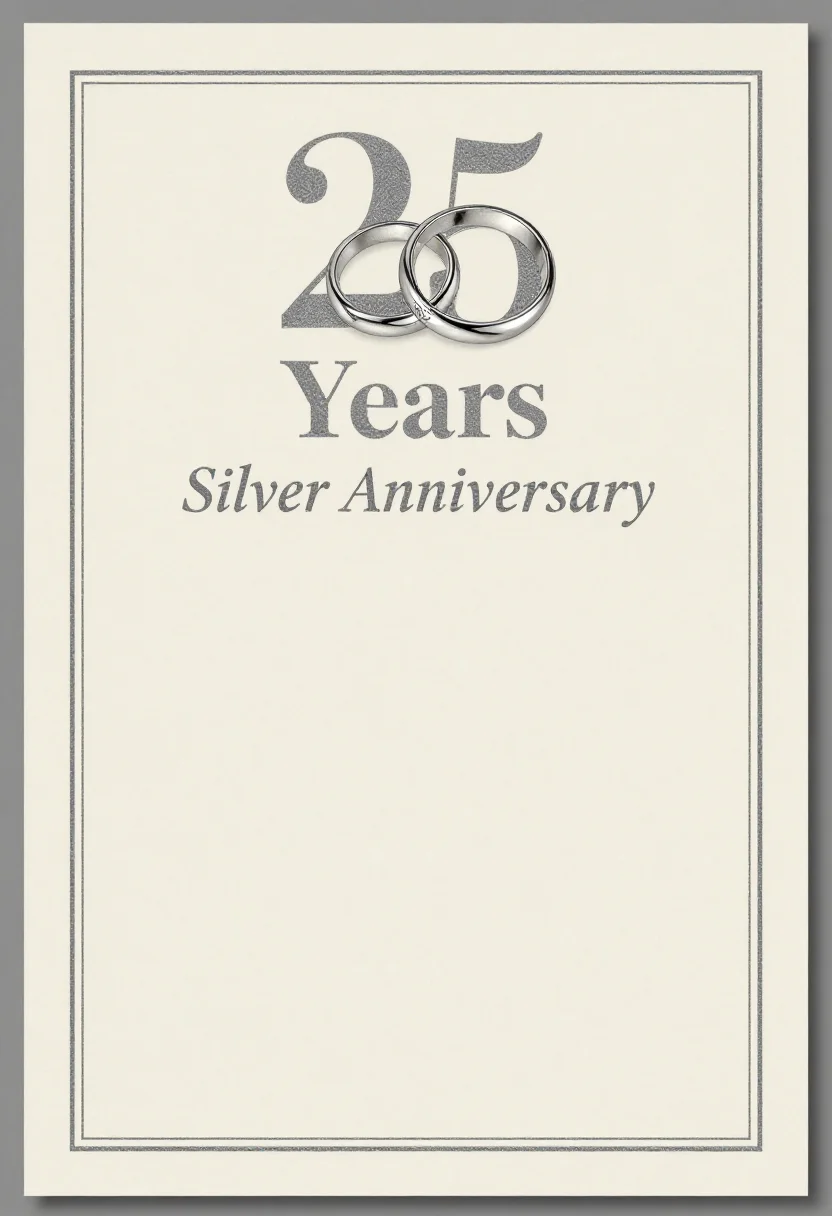 Anniversary invitations — a vertical invitation card titled "25 Years" with "Silver Anniversary" beneath it in silver lettering, two silver rings, and a blank panel for the couple's names and the details, formal engraved layout with fine line ornament, large serif numerals and a thin double border