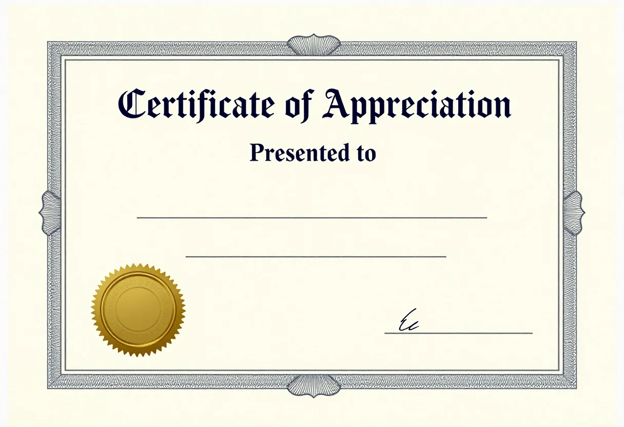 Appreciation certificates — a landscape certificate titled "Certificate of Appreciation" with "Presented to" above a blank name line, a gold seal in the lower corner, a classic guilloche border, and blank lines for the date and a signature, a classic treatment with an engraved guilloche border, serif lettering and a seal