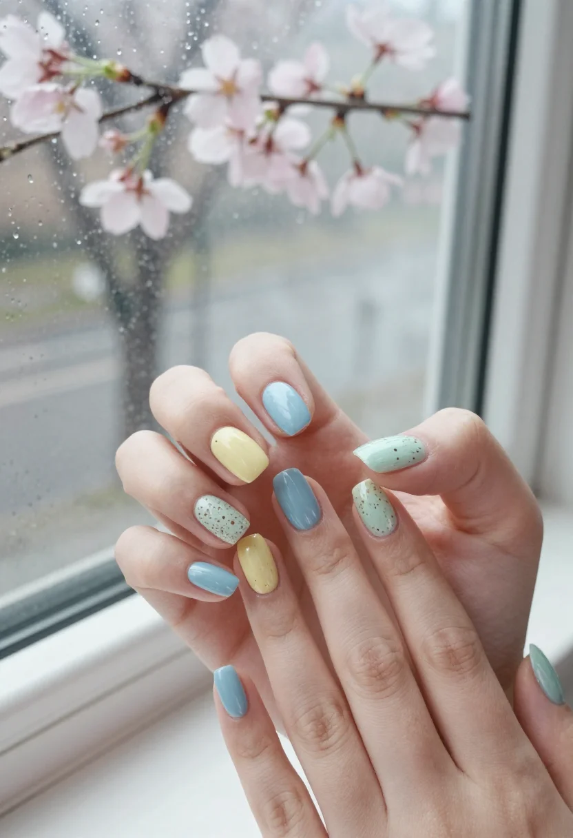 April nail designs · Speckled pastel · Hand shot