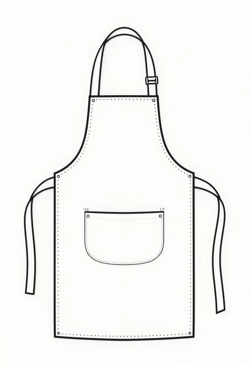 Apron patterns — a bib apron pattern sheet with the body piece outlined and its curved armhole edges, a neck strap and two waist ties drawn as long strips, and a patch pocket marked on the front, a clean printable pattern in crisp black lines of one even weight, solid cutting lines and dashed seam lines, with small block-capital labels and measurements
