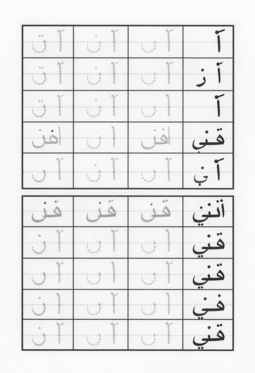 Arabic letter tracing — an Arabic letter tracing page of the twenty-eight letters from "ا" to "ي" in a right-to-left grid of boxes, each letter dotted in Naskh with a start dot, a clean school-printable worksheet with thin black ruled lines, uniform stroke weight and light grey dotted tracing
