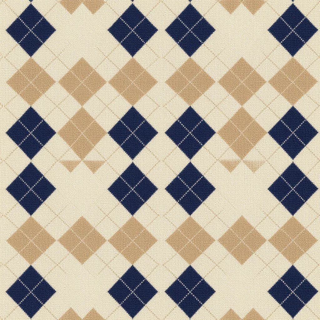 Argyle — Diamonds the size of a fingernail in staggered rows of alternating colour, hairline diagonals crossing at each diamond's centre in both directions, the whole reading as a small dense argyle at sock scale., argyle repeat, solid diamonds meeting point to point in staggered rows with a fine contrast overcheck crossing every diagonal axis, two layers kept distinct, flat knitted fields with a fine cream overcheck