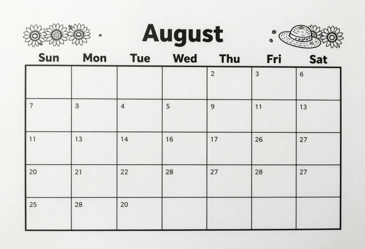 August calendar pages — a blank monthly calendar page headed "August" in large letters, seven columns titled "Sun" "Mon" "Tue" "Wed" "Thu" "Fri" "Sat", five rows of large empty day boxes for the user to number and fill, and a thin border of sunflowers and a straw hat, clean black ink printable, uniform thin black rules and crisp square boxes, small line-drawn border motifs, no shading