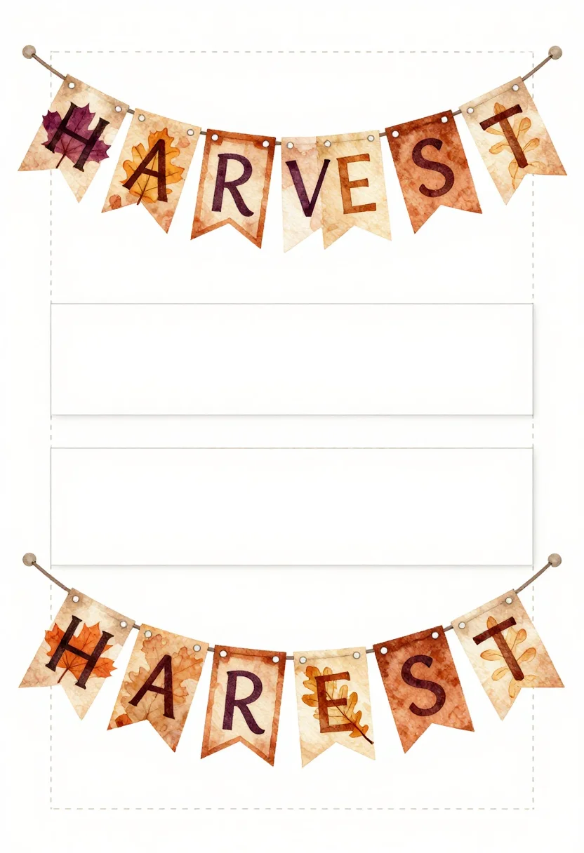 Autumn printables — a banner of pennant flags on a cord, each flag drawn with a maple or oak leaf and carrying one letter of "HARVEST", with a dashed cut line around every flag and a punch hole at each top corner, a loose watercolor treatment with soft bleeding edges and visible paper texture