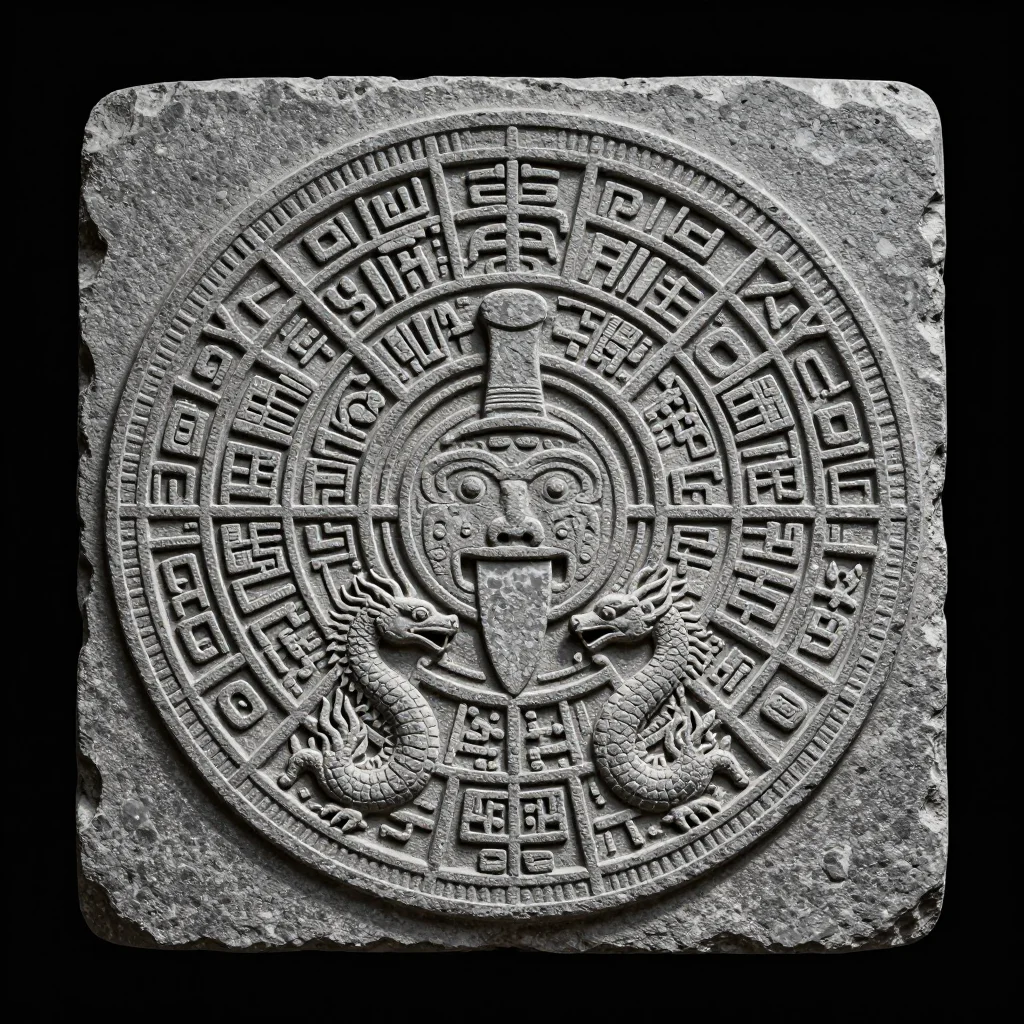 Aztec — a great circular calendar stone, a central face with a flint knife for a tongue inside concentric rings of day-sign glyphs, two fire serpents meeting below, a carved basalt relief, grey volcanic stone cut in deep even grooves, the surface pitted and weathered