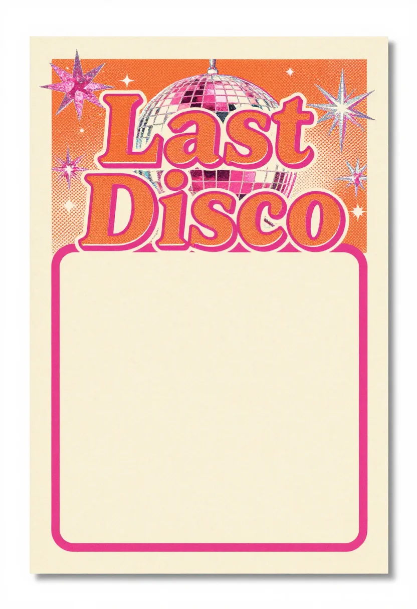 Bachelorette invitations — a vertical invitation card titled "Last Disco" with a glittering disco ball and pink and silver sparkles, and a blank itinerary panel for the dates and the plan, bold retro screen-print with chunky hand-cut lettering, a halftone texture and a slight misregistration