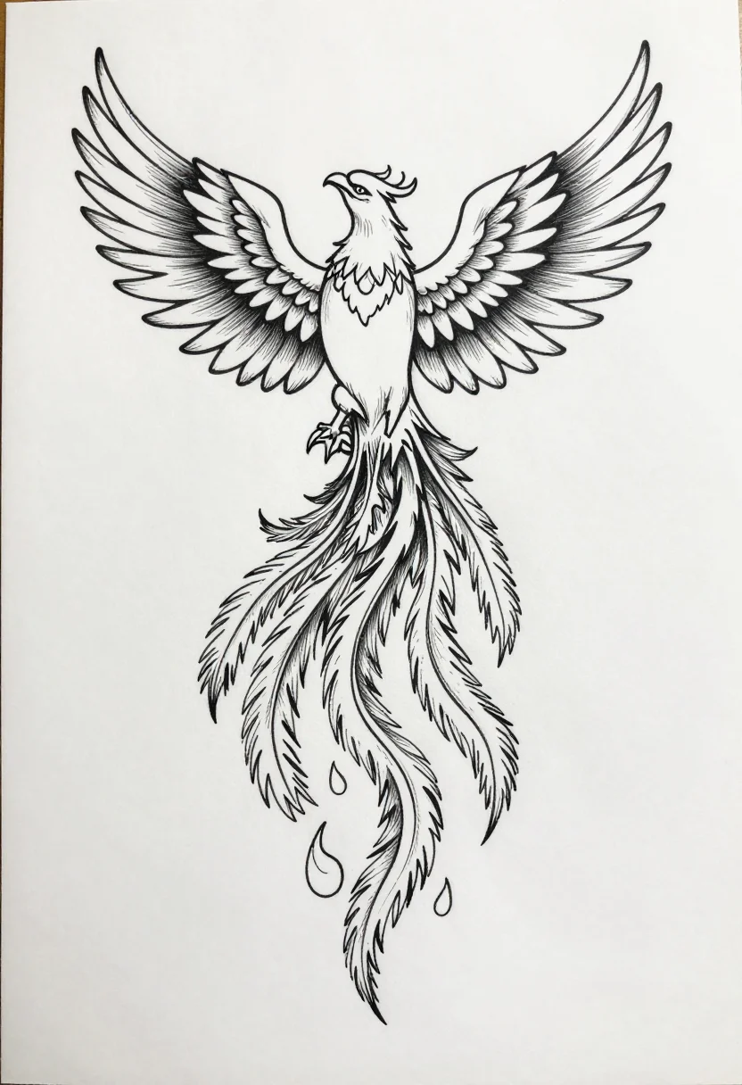 Back tattoos — a phoenix rising with wings spread wide at the top, its long tail feathers trailing down through flames, single-needle fine line work of one even thin weight, the shapes left open and no shading at all