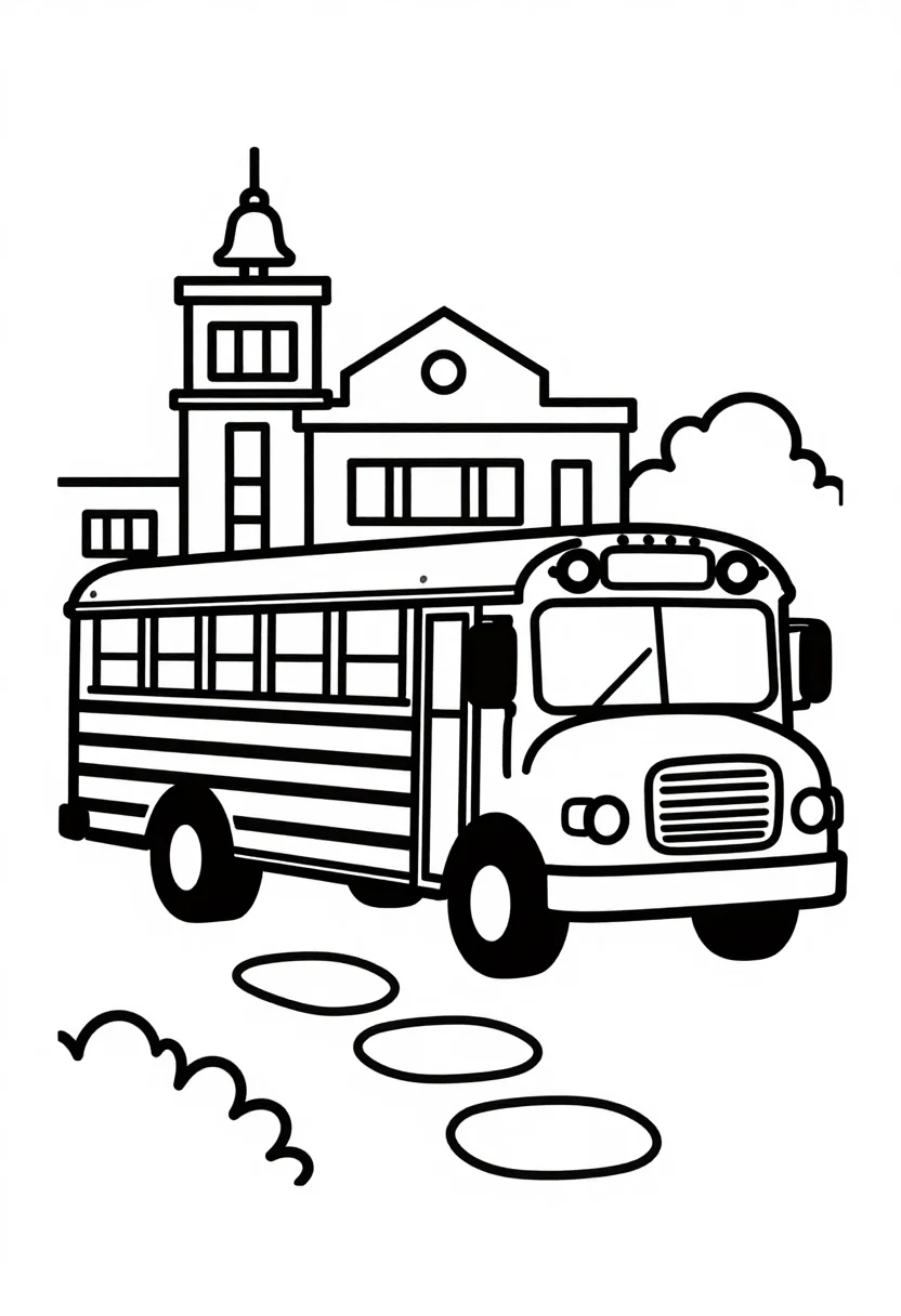 Back to school coloring pages — a big school bus drawn side-on with its stop sign out and round windows, a school building with a bell tower behind and a path of stepping stones in front, drawn as a few large friendly shapes in one bold uniform black outline with wide open areas for a young child to color