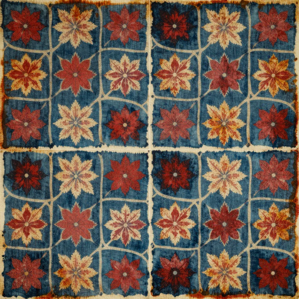 Bagru — A large trellising vine covering the whole cloth, stems crossing into ogee cells, each cell holding a broad flat flower and a pair of serrated leaves, the shapes reserved pale by the mud resist against a flooded indigo ground, every edge slightly bled., hand-blocked dabu mud-resist on hand-spun cotton, alizarin red and iron black over an indigo dip