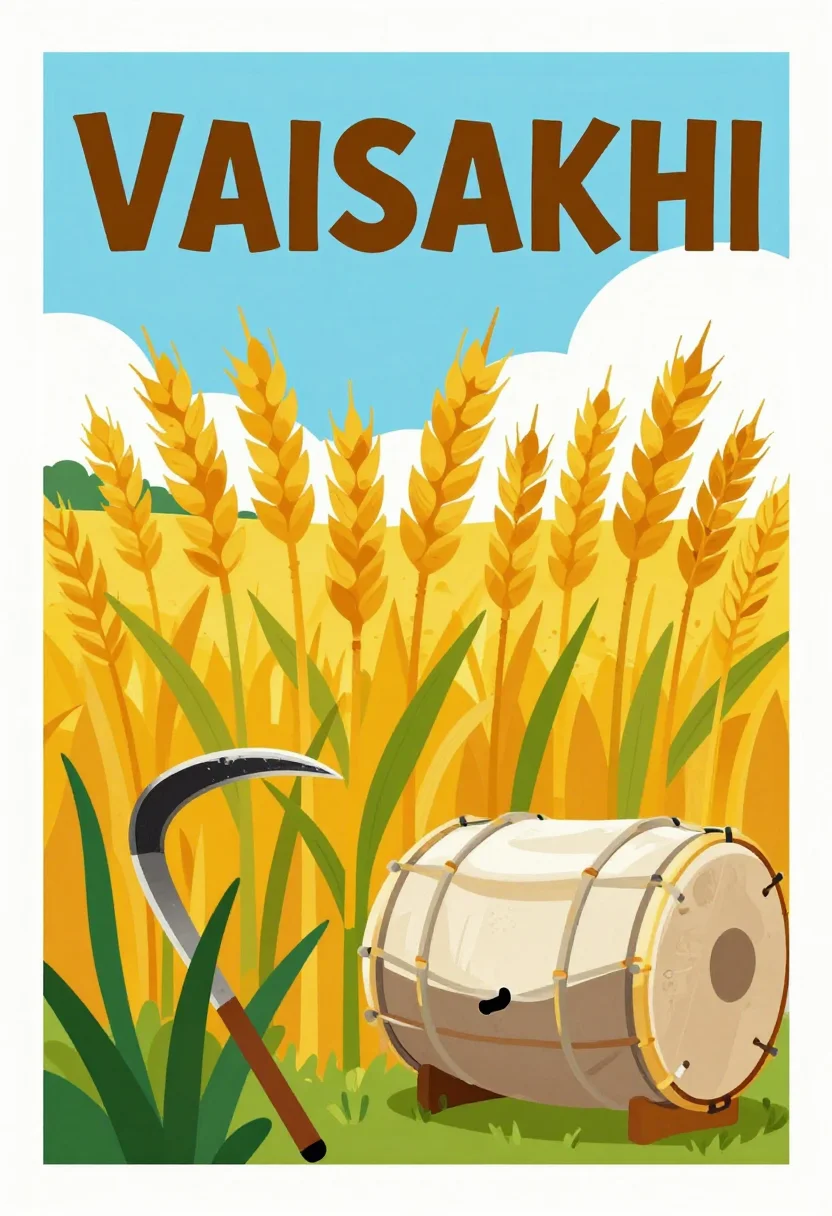 Baisakhi posters — a poster of a field of golden wheat under a bright sky, a sickle and a sheaf in the foreground and a dhol resting on the bund, bold flat gouache poster art, solid colour shapes with hard edges and no gradients, a hand-painted school-board look