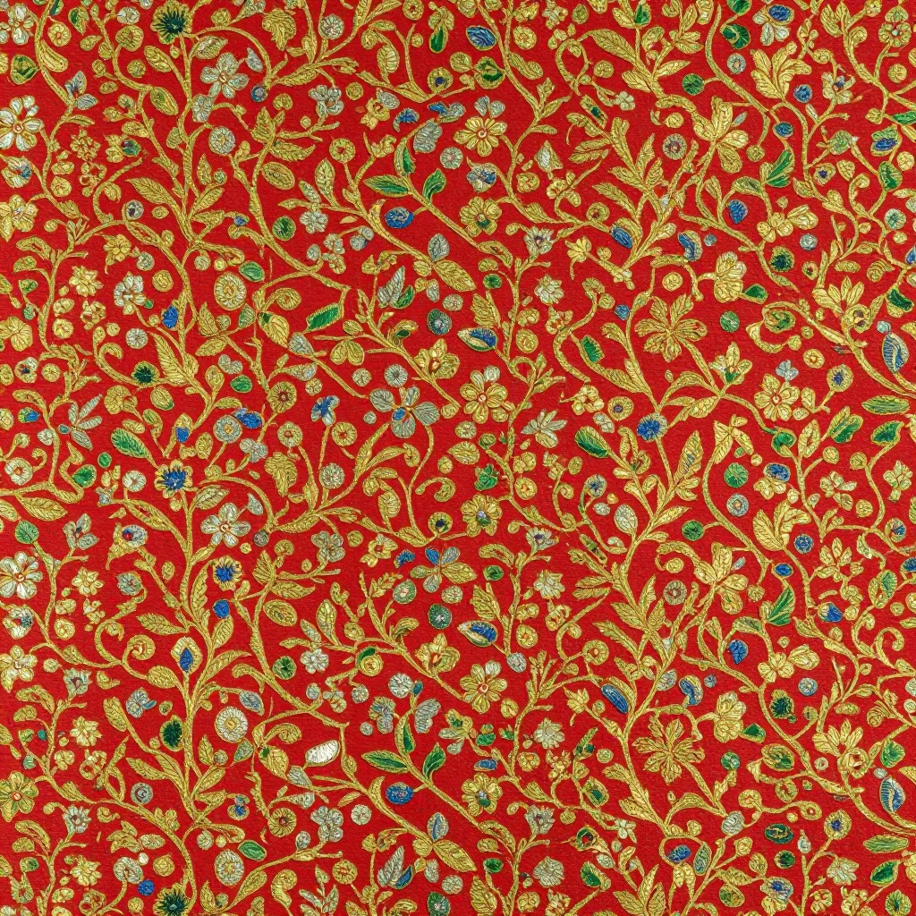 Banarasi brocade — A jungle of scrolling vine covering every inch of the silk, thin gold stems doubling back on themselves, small flowers and curled leaves filling each loop, no ground left uncovered, the metal thread catching light along the raised floats., silk brocade with gold and silver zari supplementary weft, cut-work motifs, coloured enamel-toned silk accents