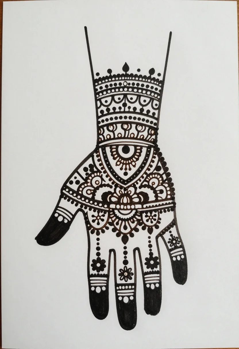 Bangle mehndi — a wide kangan band around the wrist of stacked rows of dots, scallops and tiny flowers, the hand above bare, bold black bands of even thickness with solid-filled beads and diamonds