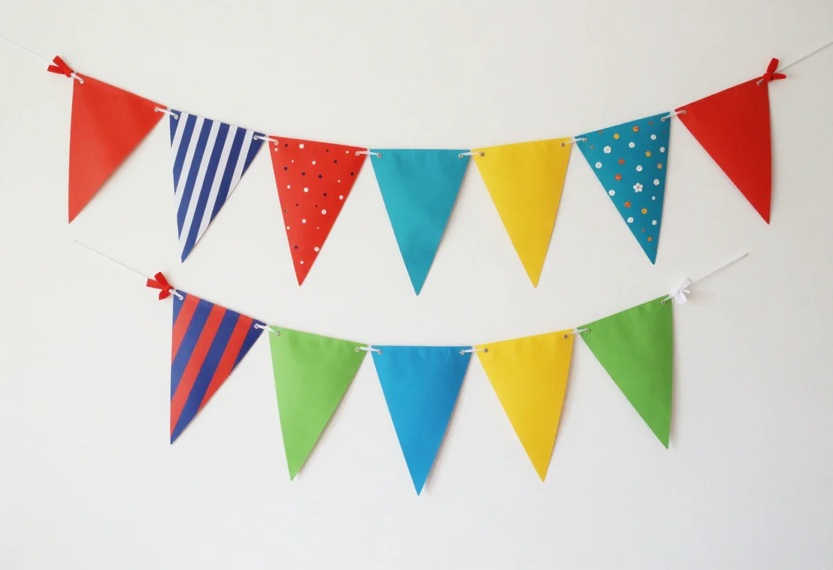 Banners — A string of twelve triangular pennants hung in a shallow curve across a plain wall, alternating patterns — stripes, dots, a small floral, plain — in a coordinated palette, each pennant a blank letter zone, a tiny bow at each end of the string., flat banner design, bold colour, clean vector shapes, no text