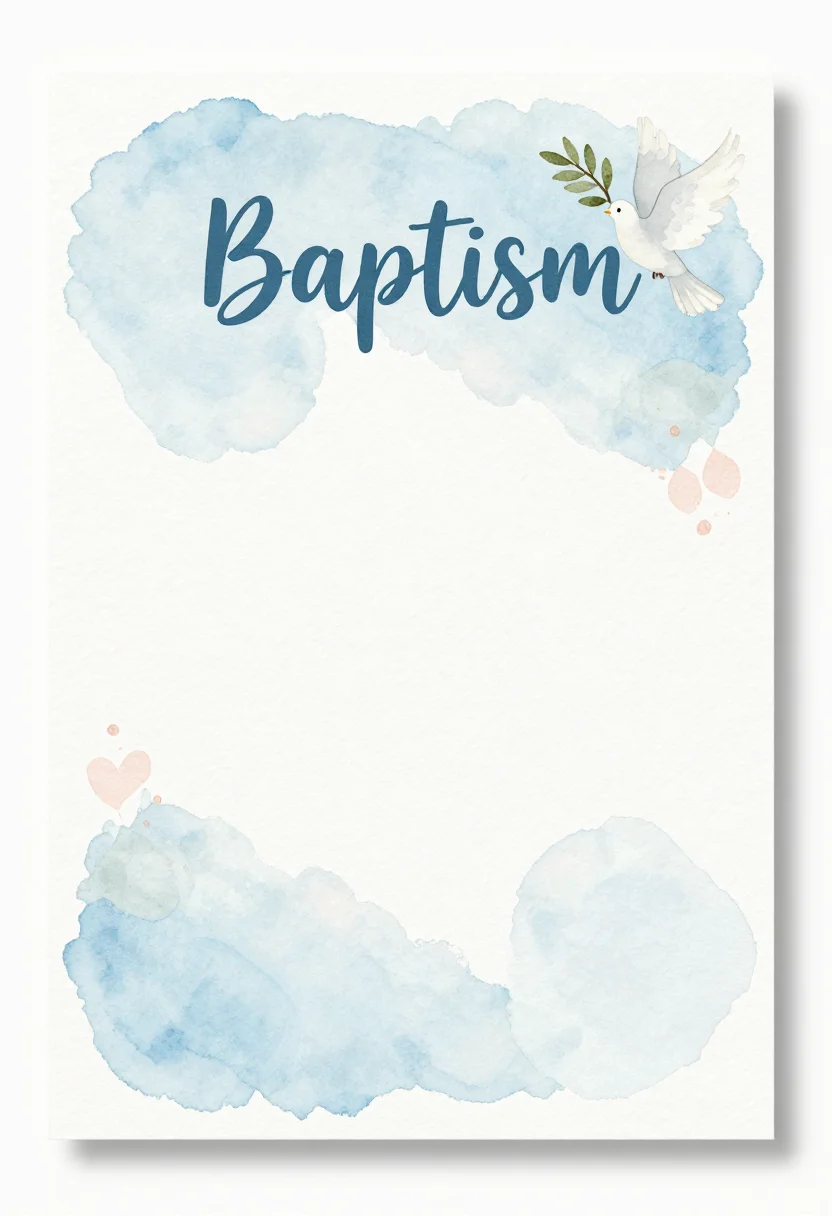 Baptism invitations — a vertical invitation card titled "Baptism" with a white dove carrying an olive branch, a pale blue watercolor wash, and a blank panel for the baby's name, the church and the date, hand-painted soft watercolor with loose washes, visible paper grain and a hand-lettered title