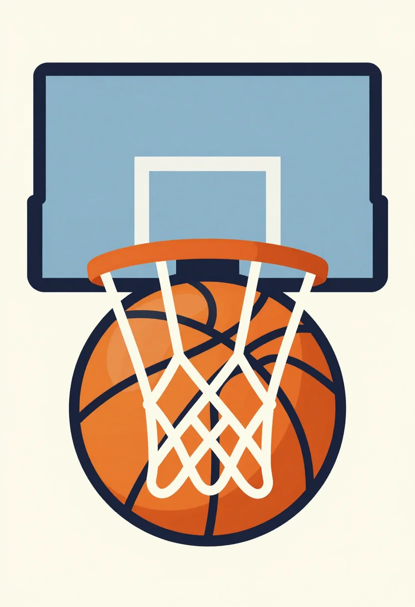 Basketball — An orange basketball with black seams dropping through a hoop and its white net, the backboard's painted square just behind it, open sky beyond., a flat vector sports emblem, bold simplified shapes with no outlines, hard edges and smooth gradient-free fills arranged as a badge