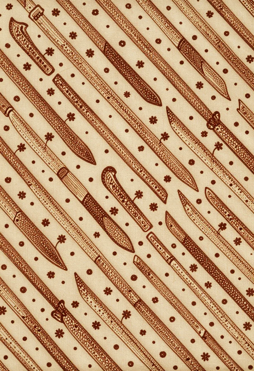 Batik — a diagonal repeat of curved knife-shaped parang motifs in ranked rows, small dotted fills and tiny flowers between them, hand-drawn Javanese batik tulis, fine canting lines with dense isen fills of dots and hooks