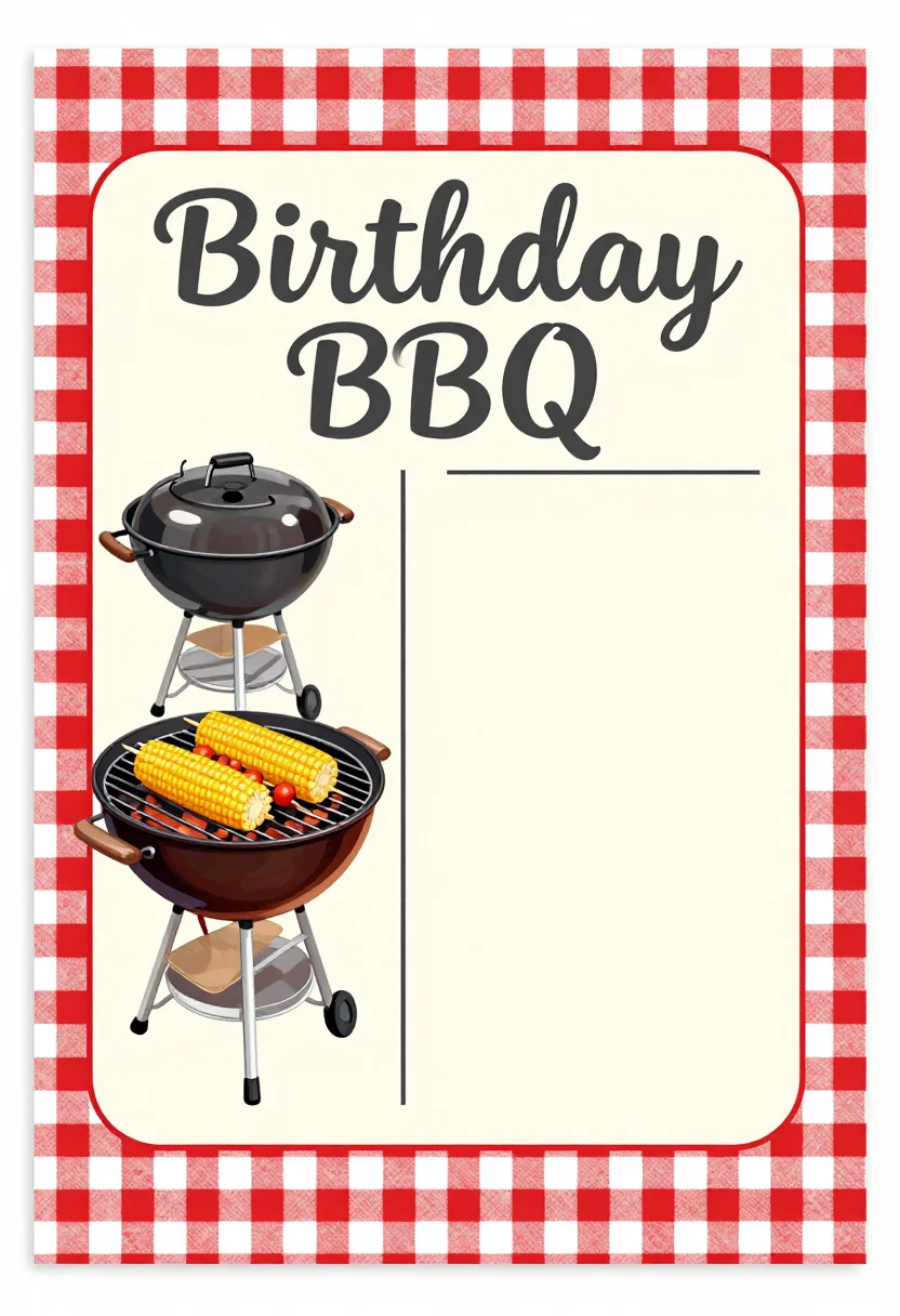 BBQ invitations — a vertical invitation headed "Birthday BBQ" above a kettle grill with skewers and corn on the grate, a gingham border and a clear empty panel for the details, picnic-table gingham stationery, a checked border, friendly hand-lettered capitals