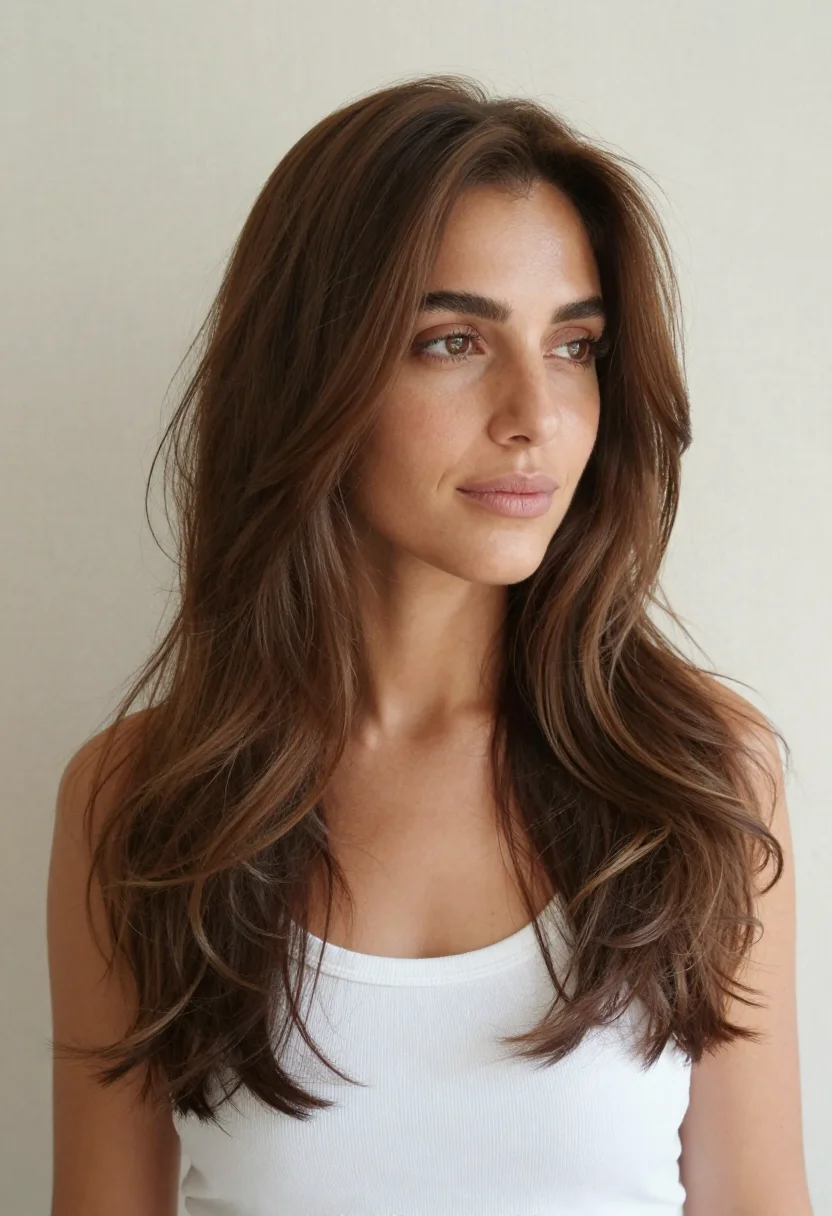 Beach waves — long loose beach waves with a matte texture, the ends left straight, a sun-lightened brown, a salon photo in front three-quarter view, soft window light from camera-left, a balance of light with gentle shadow on the far cheek