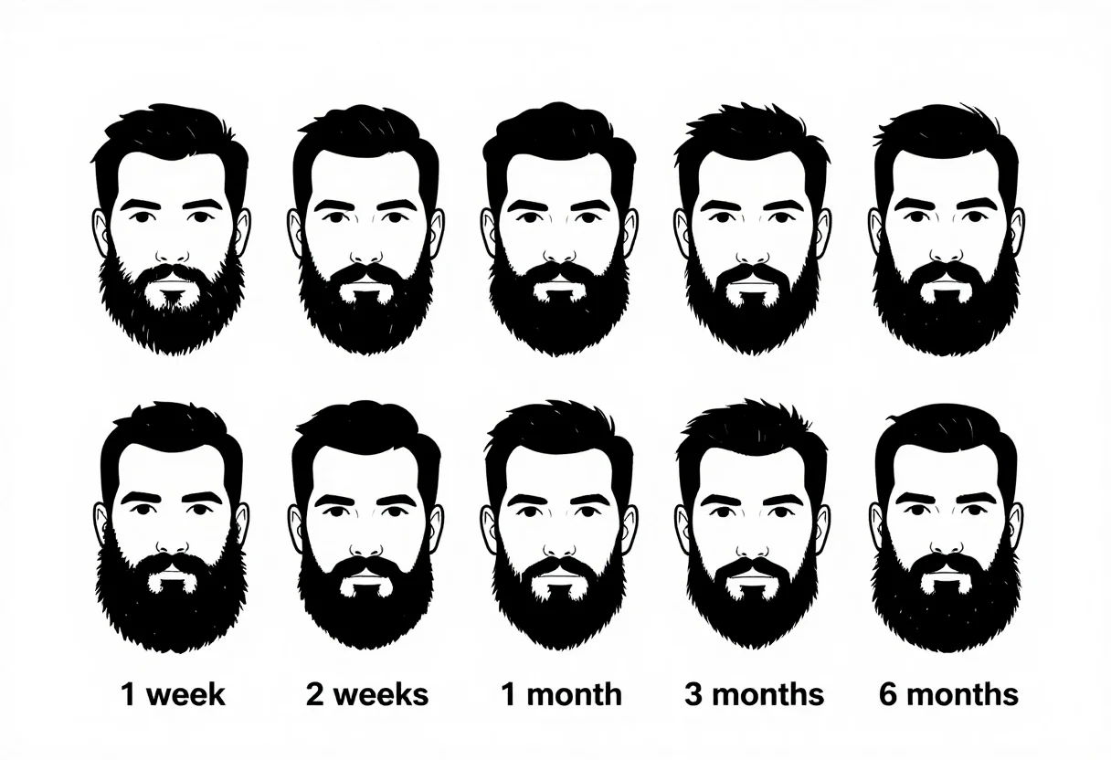 Beard length charts — a row of five faces labelled "1 week", "2 weeks", "1 month", "3 months" and "6 months", the same beard growing from stubble to full, technical line art with uniform black outlines and the beard drawn as dense short black strokes