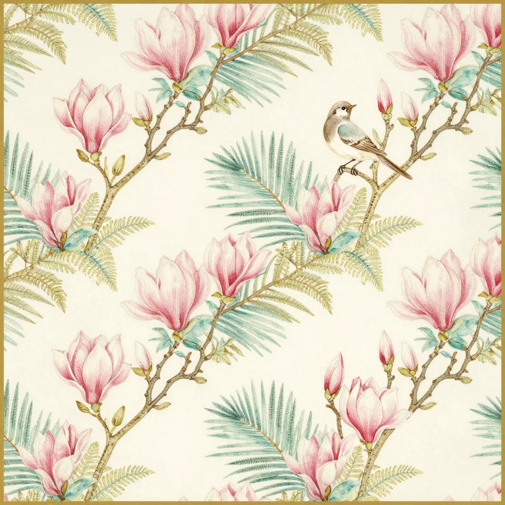Bedding patterns — A large-scale botanical: magnolia branches with open blooms and heavy buds, palm and fern fronds crossing behind them, a long-tailed bird on one branch, the motifs sized so two or three fill the width of a bed and the ground stays visible, painted furnishing chintz, layered washes with fine shading in each petal, a faint glazed sheen over the whole print