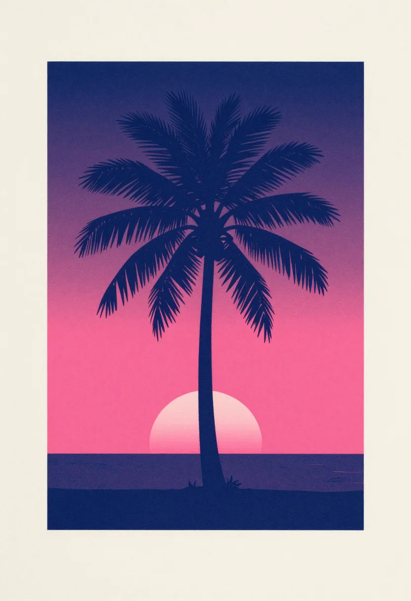 Bedroom posters — a lone palm silhouette against a banded sunset sky, the sun a full circle resting low on a flat horizon, a two-color risograph print, bold clean shapes with no outlines, visible paper grain and slight misregistration where the inks overlap