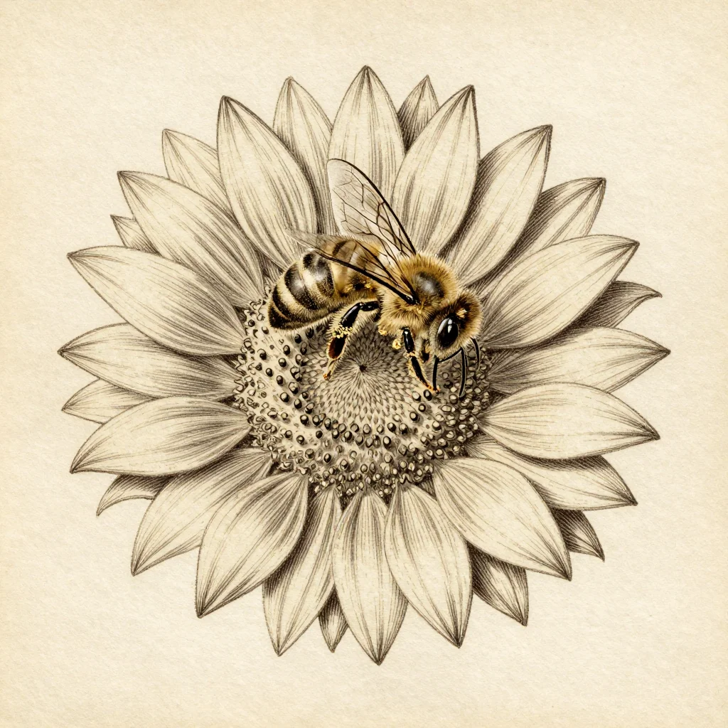 Bees — a honeybee landing on the centre of a sunflower, legs heavy with pollen and wings a blur, the seed spiral of the flower open beneath it, a nineteenth-century natural-history engraving, thorax and wing built entirely out of fine hatched line with no fill anywhere
