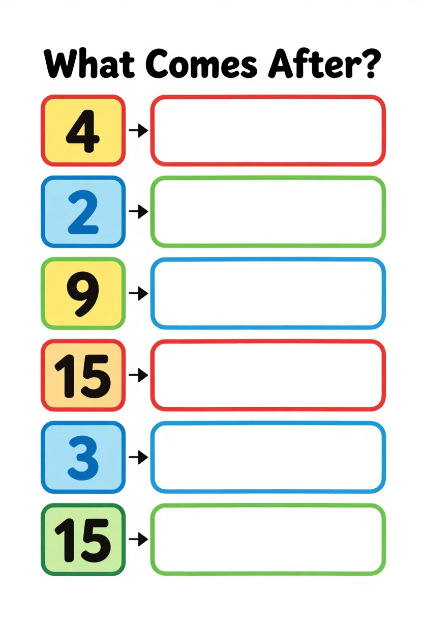 Before and after numbers — a number worksheet headed "What Comes After?" with ten rows of two boxes, the first box holding a number such as "4", "9" or "15" and the second box left empty, and a small arrow between them, bright flat classroom design, bold primary colours, rounded boxes, clean vector illustrations