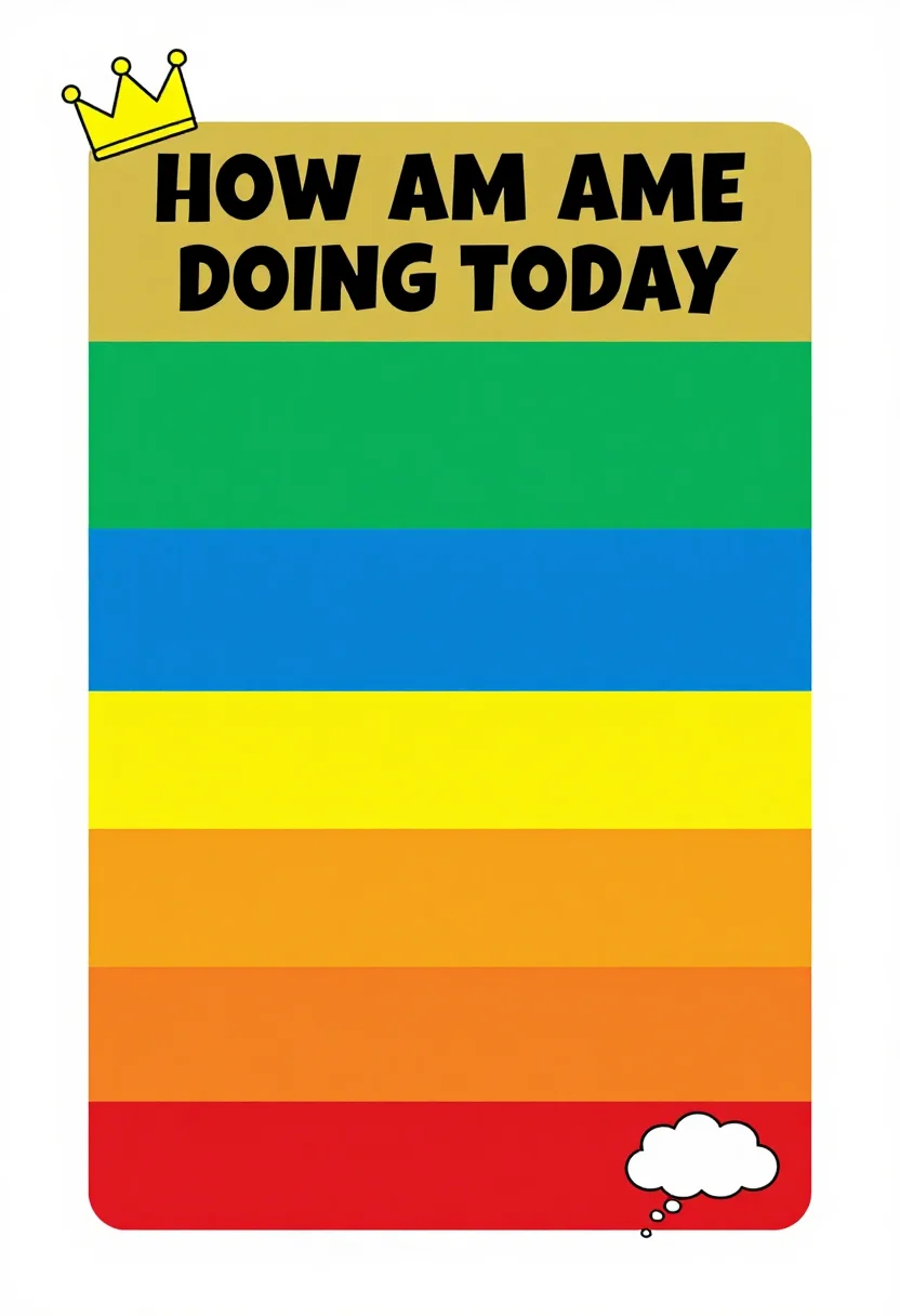Behavior clip charts — A tall portrait chart titled "HOW AM I DOING TODAY" of seven stacked colour bands from a gold band with a drawn crown at the top through green, blue, yellow and orange to a red band with a drawn thinking cloud at the bottom, a blank text band on each, a small drawn clothespin at the chart's edge., bright flat classroom design, bold primary colours, rounded corners, clean vector
