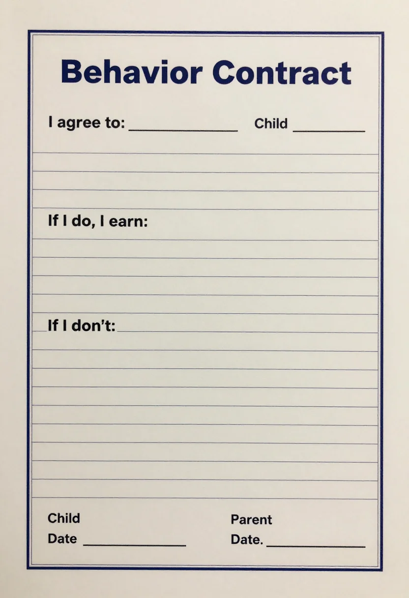 Behavior contracts — a one-page agreement titled "Behavior Contract" with empty ruled lines after "I agree to:", "If I do, I earn:" and "If I don't:", and two signature lines "Child" and "Parent" above a "Date" line, clean formal agreement page with a thin ruled border, ruled lines and a small seal motif
