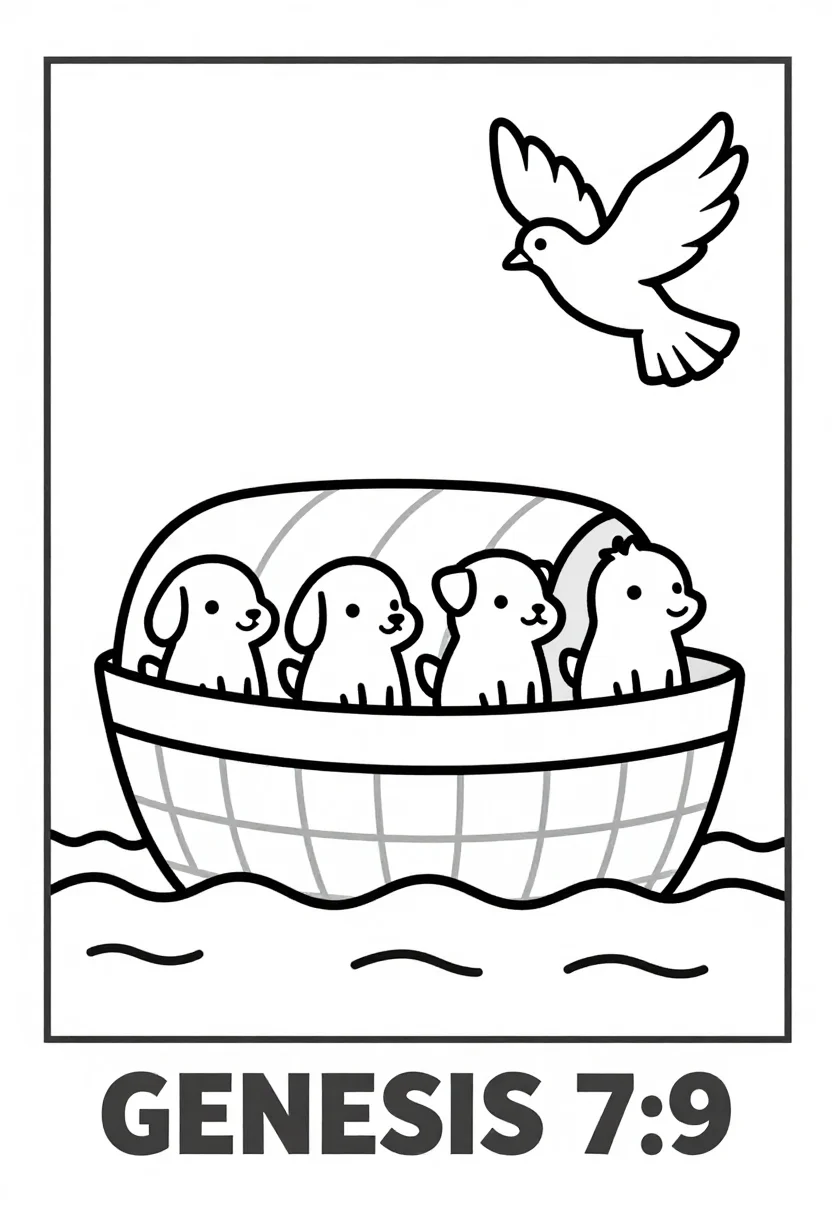 Bible coloring pages — the ark on gentle waves with the animals lined up two by two along the deck and a dove circling above, captioned "GENESIS 7:9", Children's storybook linework: thick bold closed outlines, gentle rounded faces, large open areas a small hand can fill.