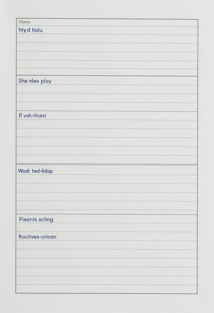 Bible study printables — A study worksheet ruled into four stacked panels of unequal height with a small caps heading bar above each, a slim reference field across the top, twelve writing rules per panel, and no sample text, no lettering inside the panels., minimal worksheet layout, hairline rules, small caps headings, generous leading, no decoration