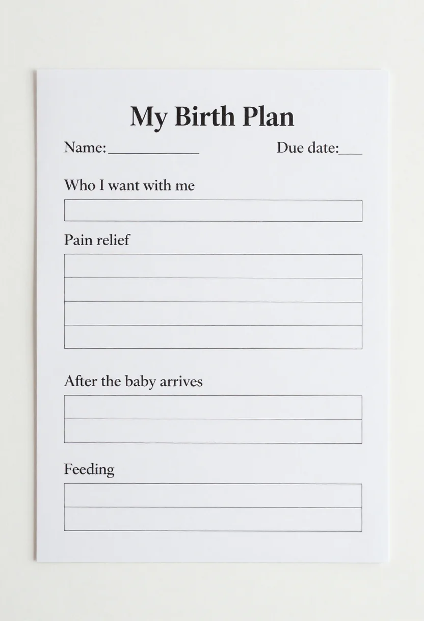Birth plan templates — a page titled "My Birth Plan" with "Name:" and "Due date:" lines and five sections "Who I want with me", "Pain relief", "During birth", "After the baby arrives" and "Feeding", each with three empty ruled lines, a clean minimalist printable page, thin even black lines, an elegant serif title and a spacious tidy layout